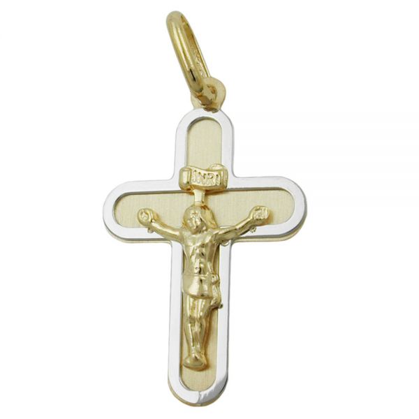 Anhänger 20x14mm Kreuz mit Jesus bicolor matt-glänzend 9 Karat Echtgold