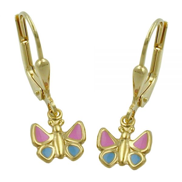 Ohrbrisur Ohrhänger Ohrringe 22x7mm Schmetterling hellblau-pink 9 Karat Echtgold