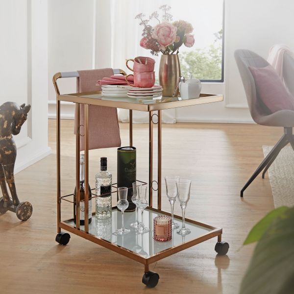 Wohnling serving trolley gold side table rolls kitchen dining car glass tea trolley