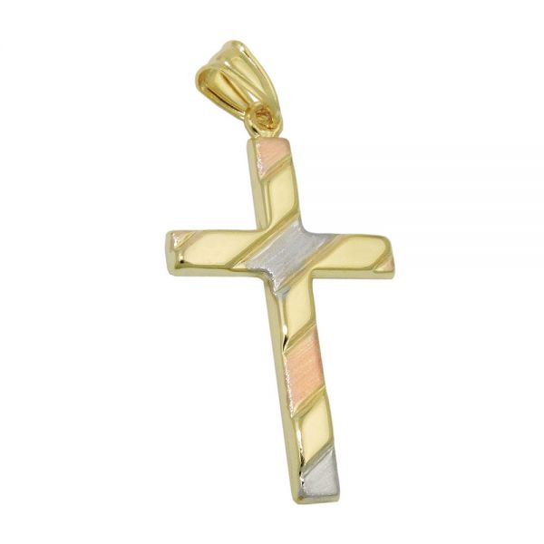 Anhänger 28x19mm Kreuz tricolor teilmattiert 9 Karat Echtgold