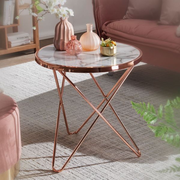 WOHNLING design side table marble look white Ø 55 copper coffee table round
