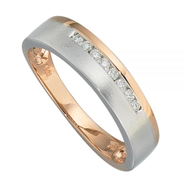 Damenring 585 Gold bicolor teilmatt Diamanten