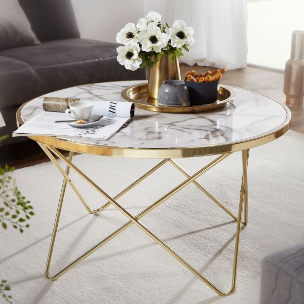 WOHNLING design coffee table marble look white Ø 85 cm gold coffee table round