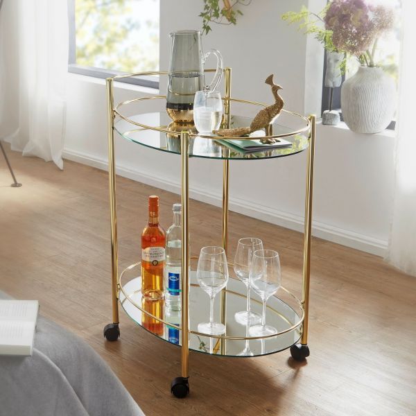 WOHNLING serving trolley gold side table on wheels glass dining car tea trolley