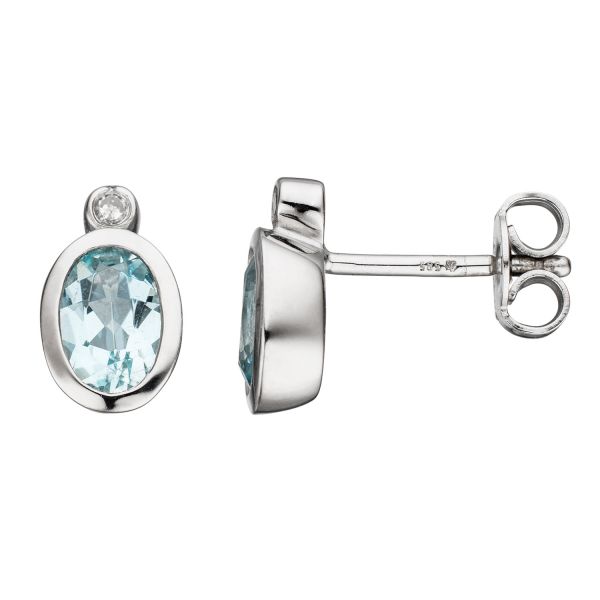 Ohrstecker oval 585 Gold Diamanten Aquamarine blau