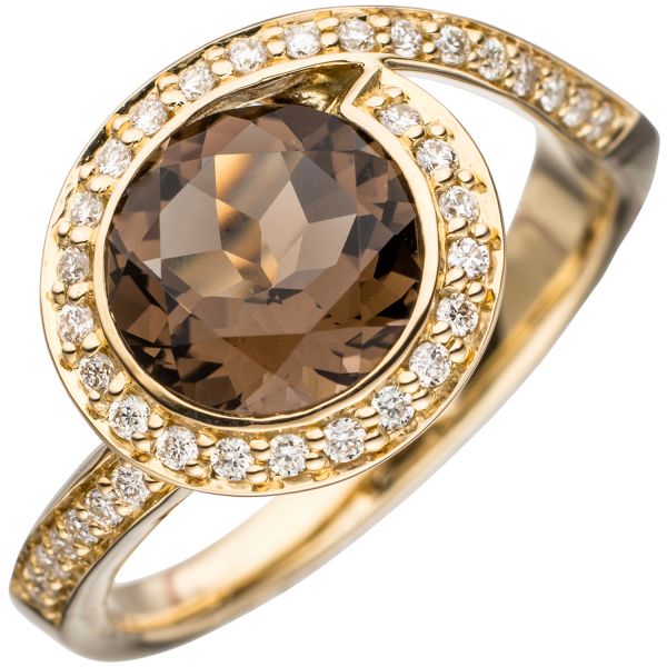 Damenring 585 Gold Rauchquarz braun 36 Diamanten
