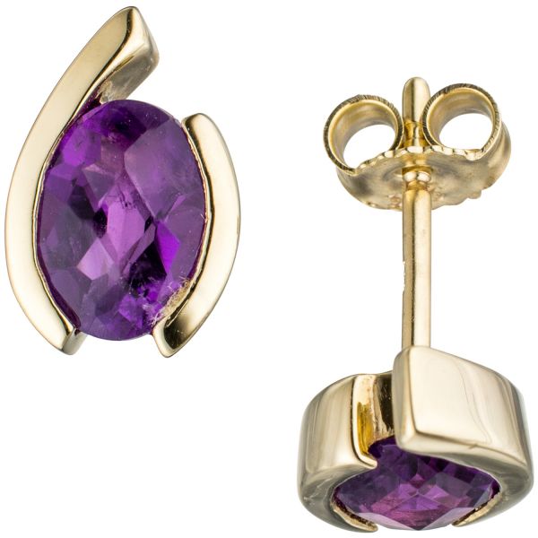 Ohrstecker oval 333 Gold Amethyste lila violett