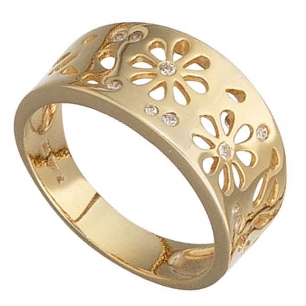 Damenring Blumen 585 Gold 10 Diamanten 0,09 Karat