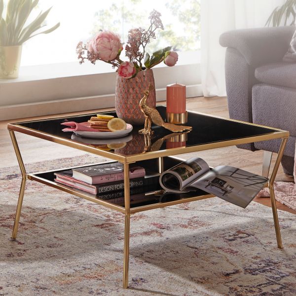 WOHNLING design coffee table glass black living room table gold side table 70x70