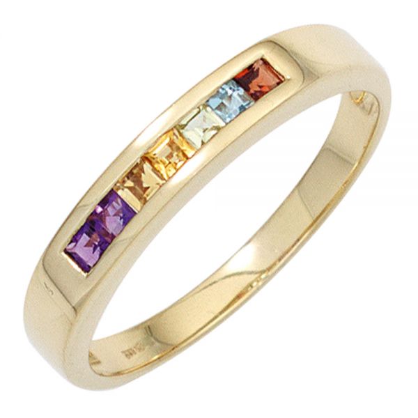 Damenring 585 Gelbgold Amethyste Citrine Granat Peridot Blautopas