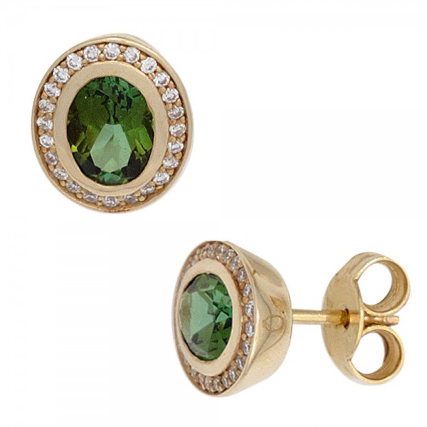 Ohrstecker oval 585 Gold Turmaline grün Diamanten