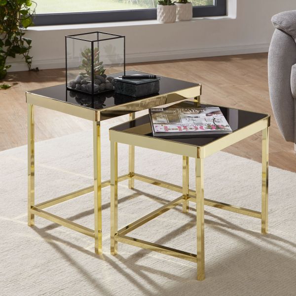 WOHNLING nesting table black / gold side table metal / glass coffee table set of 2