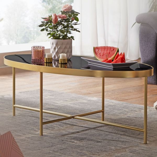 WOHNLING coffee table glass black living room table oval 110 x 56 glass table gold