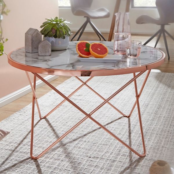 WOHNLING design coffee table marble look white Ø85cm copper living room table round