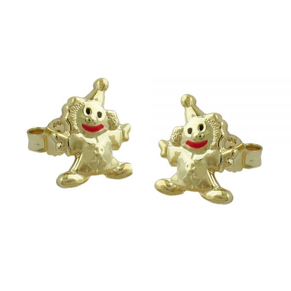 Stecker 8x6mm Clown glänzend farbig lackiert 9 Karat Echtgold