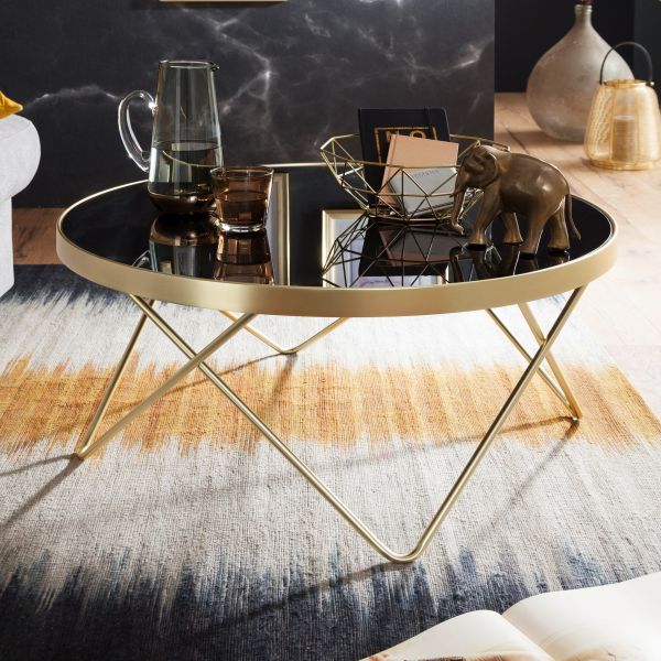 WOHNLING coffee table black / matt gold table with glass top living room table Ø82cm