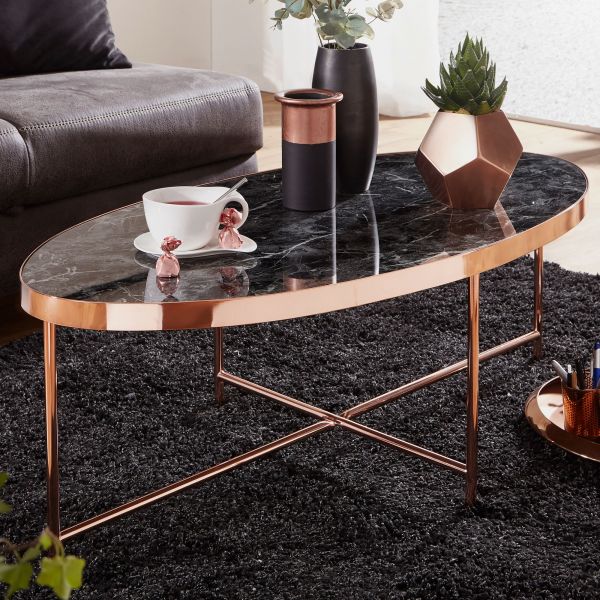 WOHNLING coffee table marble look black oval 110 x 56 cm coffee table copper