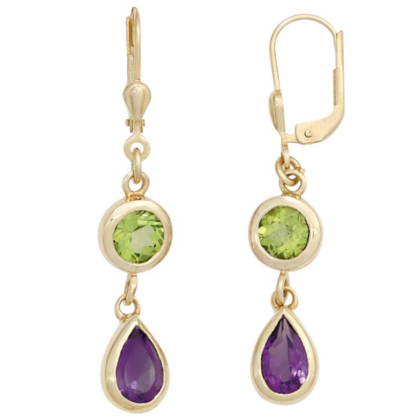 Boutons 585 Gold Amethyste lila Peridote grün Ohrhänger