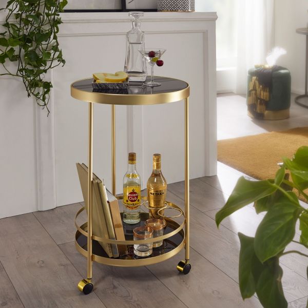 WOHNLING trolley gold side table on wheels glass dining car round Ø45 cm