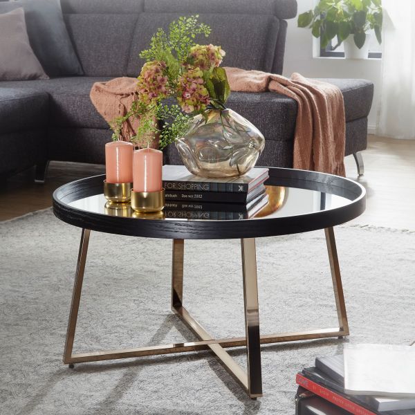 WOHNLING coffee table round gold living room table mirror glass side table black