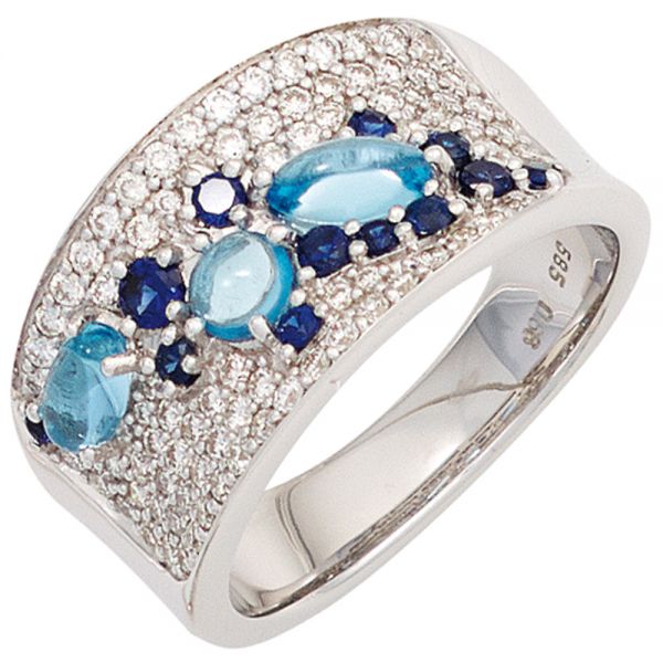 Saphirring 585 Gold Blautopase hellblau 81 Diamanten